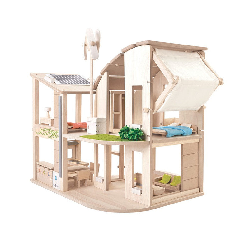 Plantoys Wooden Green Dollhouse With Furniture